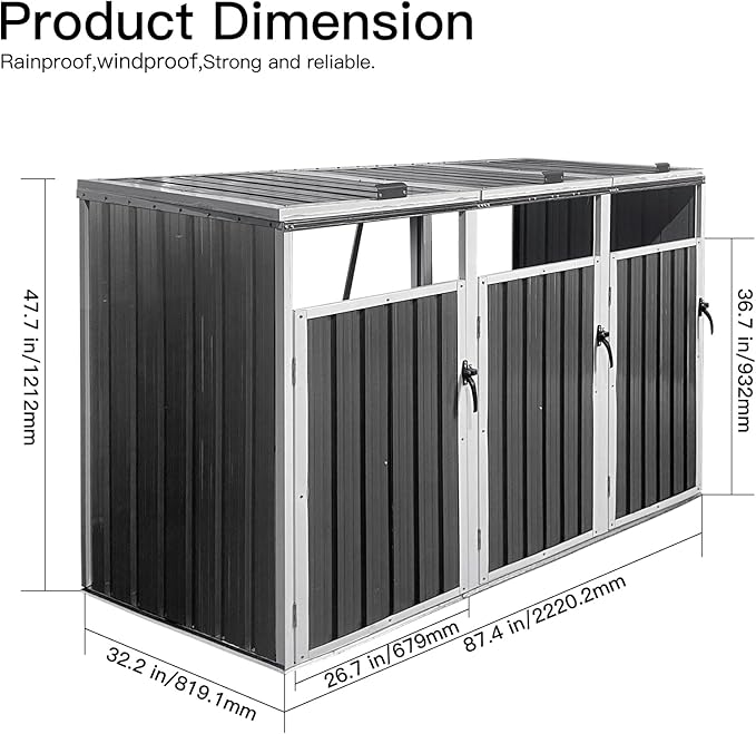 YOPTO 60 Cu.Ft Trash Bin,Waterproof Trash Bin Outdoor Enclosure,Metal Garbage Bin Storage Shed Stores,with 3 Cans,Lid and Lockable,Sheds House Shelter w/Ventilated,for Campsites,Courtyards,White Lime