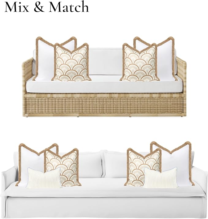 Hofdeco Premium Coastal Hampton Patio Indoor Outdoor Throw Pillow Cover Only, 22"x22" Water Repellent for Backyard, Couch, Poolside, White Neutral Tan Solid (Pack of 2)