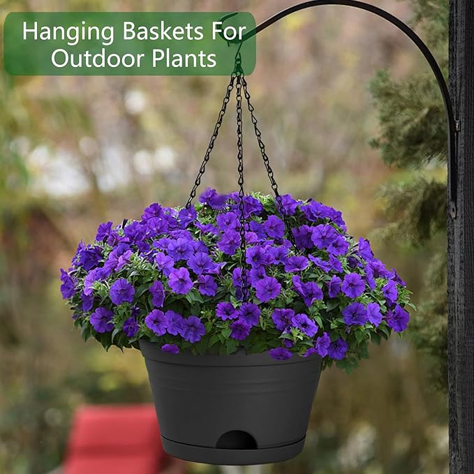 Nooulap 6 Pack Hanging Planters, 10 Inch Plant Pot with Hanger Chain & Drainage Trays, Hanging Baskets for Plants Outdoor Indoor, Hanging Flowers, Vegetables, Herbs (Black-6 Pack, 10 inch)