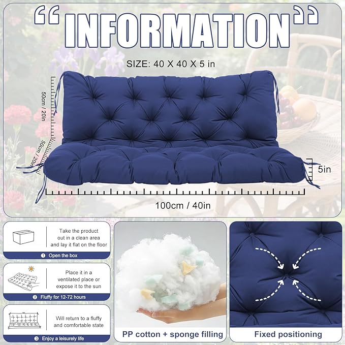 Porch Swing Cushions 2 Seater Replacement Thicken 5" Waterproof & Fade Resistant Swing Cushions for Outdoor Furniture Bench Patio Swing Cushion with Backrest & Ties(Navy Blue 40x40x5inch)
