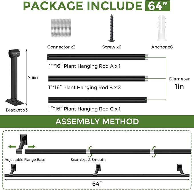 Window Plant Hanger for Indoor Plants, 64 Inch Hanging Plant Rod, 1 Inch Diameter Metal Rod, Hanging Plant Holder for Window Wall, Matte Black, Square Flange Base, Pots Not Included