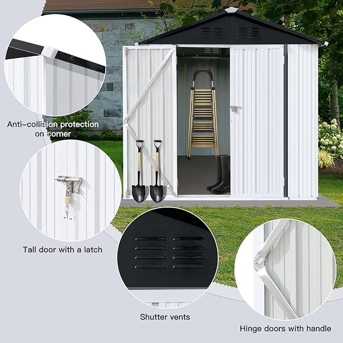 6FT x 4FT Outdoor Metal Storage Shed with Apex Roof – Durable Steel Garden Shed in White & Black, Weather-Resistant for Backyard, Patio & Lawn (Lockable, Easy Assembly, Tool Storage, Bike Shed)