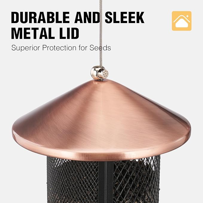 Veehoo Metal Bird Feeder for Outdoors-Dual Seed Chambers & Wild Bird Feeder Hanging Bird Feeder for Outside, Mesh Tube Feeder with Weatherproof Roof for Cardinal Bluebird Finch, Antique Copper