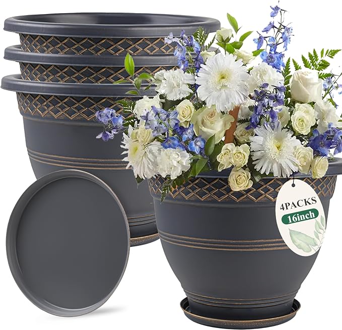 Usocik 4 Pack 16 Inch Large Plant Pots, Plastic Flower Pot for Indoor & Outdoor with Drainage Holes & Saucer, Plaid Pattern Planters Garden Pots for Herbs Gold