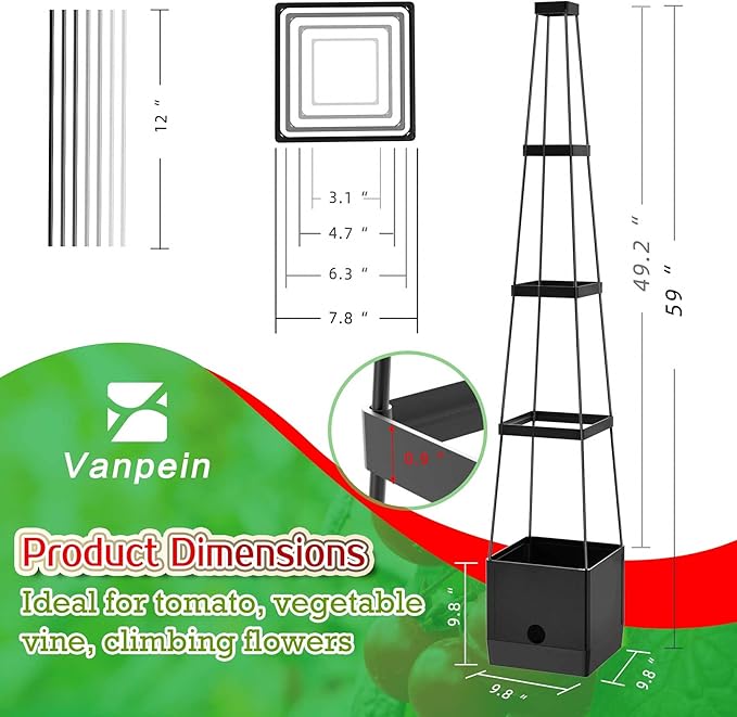 Raised Garden Bed Planter Boxes & Trellis, vanpein Tomato Cage & Planter Pot Outdoor 59" Plant Support with Self Watering for Climbing Vegetable Flowers Vines Plants, Gray
