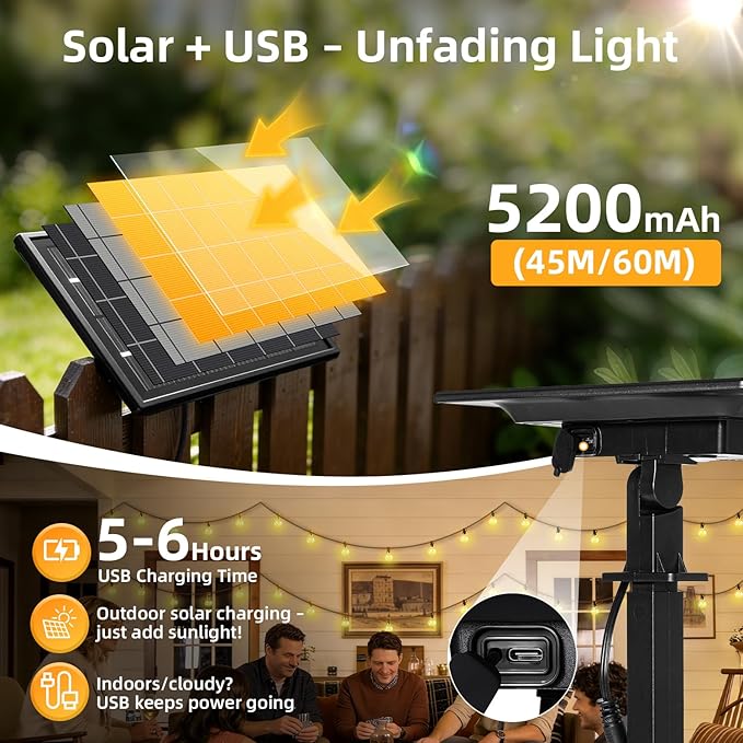 Solar Lights Outdoor Waterproof: G40 45M 150FT Shatterproof Bulbs Patio Lights - Solar Powered 3 Light Modes Solar Light - Camping Backyard Garden Deck Outside Yard