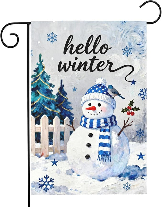 Hello Winter Snowman Garden Flag 12x18 Inch Snowflake Tree January Decorative Yard Flags for Outside Double Sided Christmas Holiday Seasonal Outdoor Home Farmhouse Decoration Porch New Year Decor