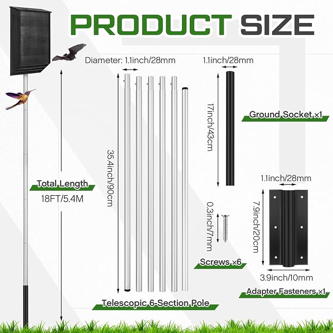 Yaocom 18 FT Telescoping Purple Martin House Pole,Aluminum Bat House Kit with Ground Socket, Adjustable Heavy Duty 6-Section Round Pole, Purple Martin Bird Accessories for Outdoors (Silver)
