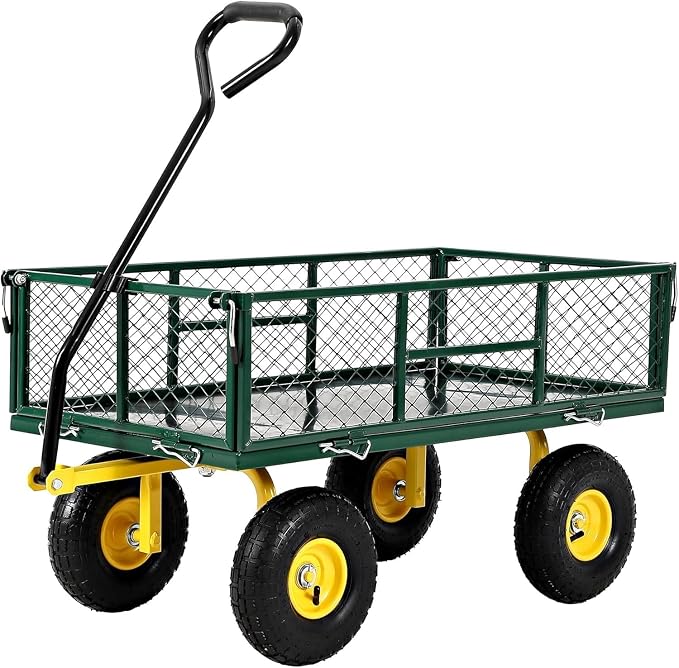 900 Lbs Heavy Duty Steel Garden Cart, Garden Wagon Cart on Wheels, Outdoor Metal Yard Utility Wagon Carts with and Mesh Removable Sides(Convert to Flatbed) and 180°Rotating Handle