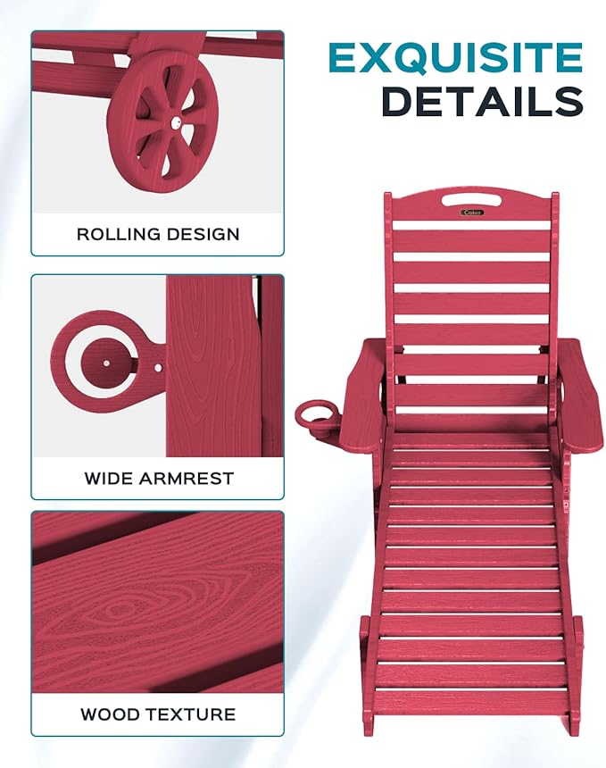 Outdoor Lounge Chair Set of 4, All Weather Patio Chaise Lounge Chair for Outside, HDPE Chair with Rolling Wheels & Cup Holder, 5 Position, Deck, Pool, Red