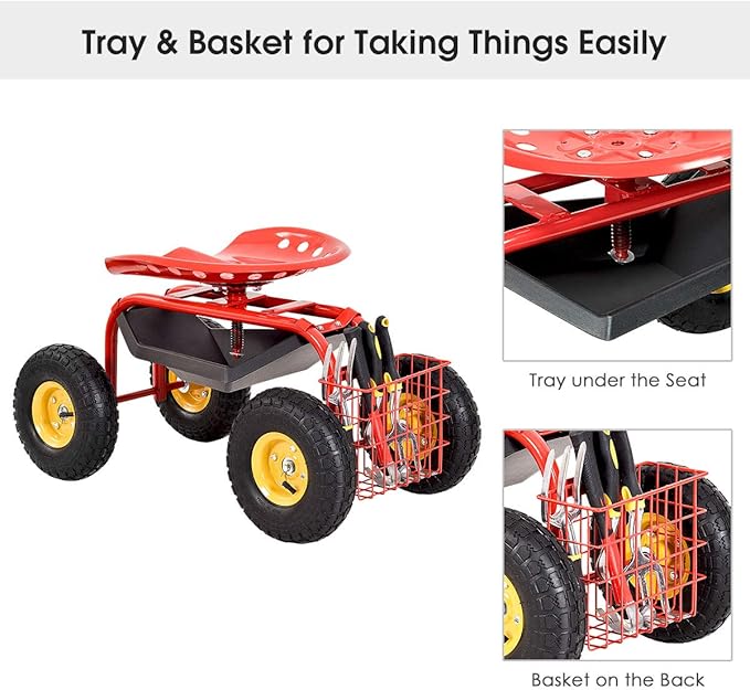 Squareful 4 Wheels Garden Cart, Patio Rolling Workseat w/Tool Tray, & Storage Basket, Outdoor Wagon Scooter for Planting, Rubber Tires & Adjustable Height for Lawn, Garden, Patio, Backyard (Red)