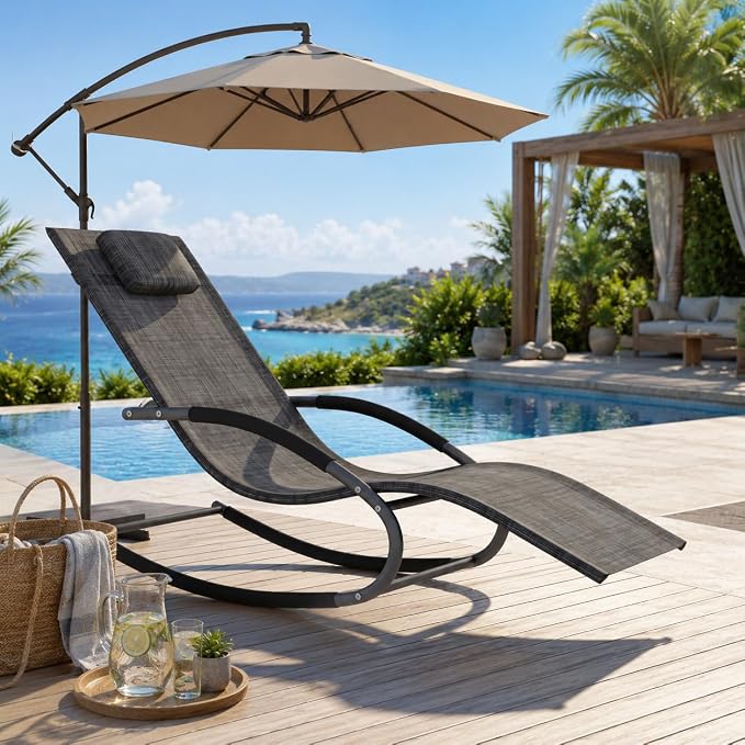 Garvee Outdoor Lounge Chair, Rocking Chair, Lounge Chair Recliner with Detachable Pillow for Patio, Lawn, Pool, Outdoor Home Furniture, Gray