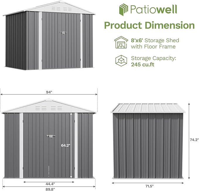 Patiowell 8x6 FT Outdoor Storage Shed with Floor Frame, Metal Garden Patio Sheds with Sloping Roof and Lockable Door, Waterproof Steel Tool Shed for Backyard Garden Lawn, Gray
