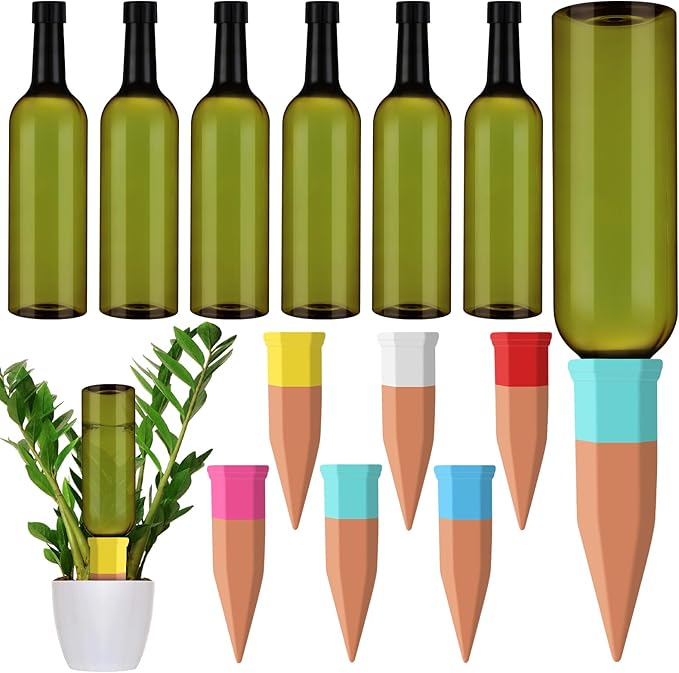 SiliFine 6 Sets Plant Watering Devices Include Terracotta Self Watering Spikes and 26 oz Plastic Bottles, Slow Release Vacation Insert Automatic Plant Waterer Device (Green and Mixed Color)