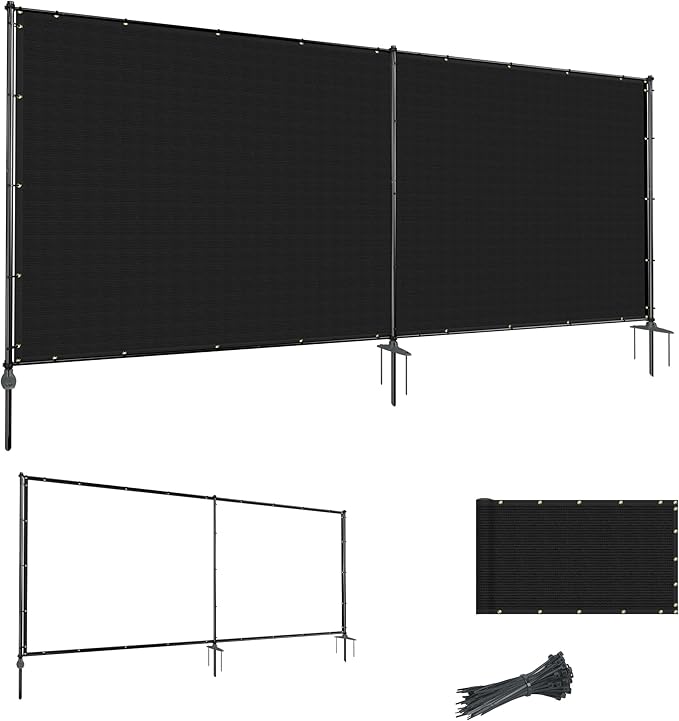 6'Hx8'W Outdoor Freestanding Privacy Screen Fence Panels with Iron Poles, Mesh Shade Net Cover Temporary Fencing for Patio Backyard Garden Deck, Black