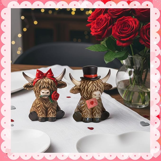 Simgoing 2 Pack Valentine's Day Highland Cow Figurines Love Heart Highland Cow Gnome with Rose Valentines Couple Statue Sweet Valentines Table Decoration for Farmhouse Tiered Tray Garden Home
