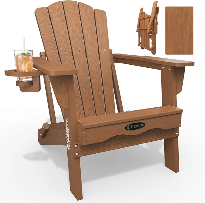 THOEOE Folding Adirondack Chair,HDPE All-Weather Outdoor Chair with Cup Holder,Wooden Textured,Fire Pit Chair,Plastic Patio Chair for Deck,Backyard,Garden,Lawn, Wood