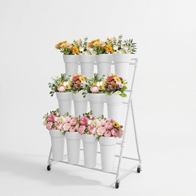 PeakPursuit 3-Tier Metal Flower Display Stand with 12 Plastic Removable Buckets and Wheels,Flower Display Cart for Indoor and Outdoor Use, White
