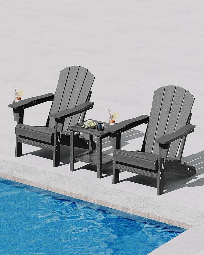GarveeLife Folding Adirondack Chair, All-Weather HDPE Outdoor Chair, Wooden Textured with Cup Holder for patios, Decks, Gardens, fire pits, Grey