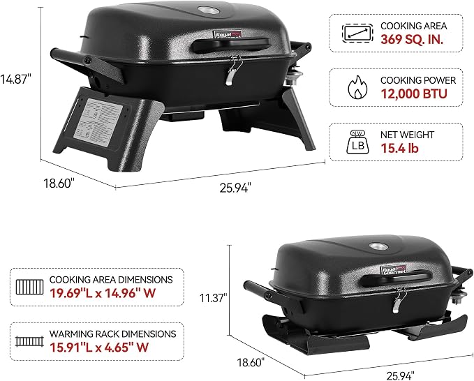 Royal Gourmet GT2006 Portable Tabletop Gas Grill, 12,000 BTU Output for Outdoor Camping, Foldable Legs, Piezo Ignition, Built-in Thermometer, for Tailgates and Camping Trips, Dark Gray