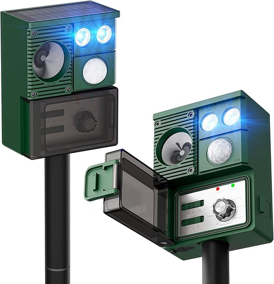 2-Pack Solar Animal Repeller Outdoor, Motion Activated Yard Guard Ultrasonic Deer Repellent Device for Rabbits, Raccoons & Squirrels, Flashing Light & IP44 Waterproof Garden Animal Control