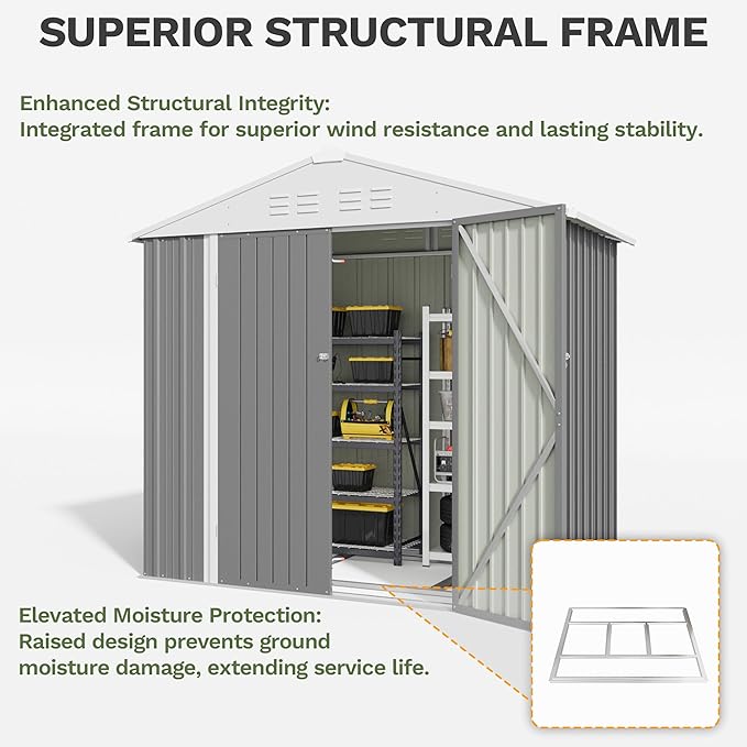 Greesum 6x4FT Outdoor Storage Shed with Base, Utility Tool Shed with Sloping Roof, Metal Storaged Garden Shed with Door & Lock for Patio Storage, Gray