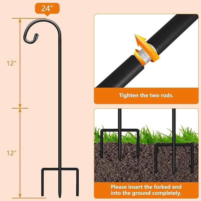Gtongoko 24 Inch Shepherd Hooks for Outdoor 1 Pack,Garden Hooks for Hanging Plants, Lanterns, Solar Lights, Mason Jars & Wedding Decor, Matte Black Decorative Shepherd’s Hooks
