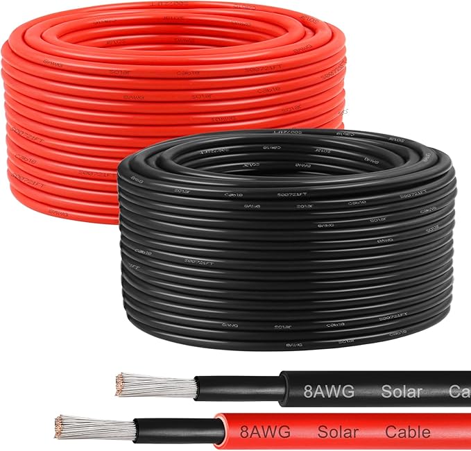 8AWG Solar Panel Wire 10mm², 2 Pack 100FT Red & Black Solar Extension Cable, PV Wire with Tinned Copper, Sunlight & UV Resistant, for Solar Panel, RV, Inverter, Battery, Off-Grid Systems