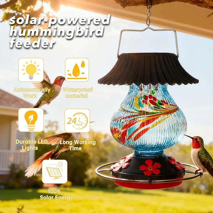 Solar Glass Hummingbird Feeder for Outdoors- 26 fl.oz Best Hummingbird Feeders with Ant Moat & Perch - 5 Feeding Ports - Wasp Leak Proof- Hand Blown Glass Color Changing Glowing in Dusk