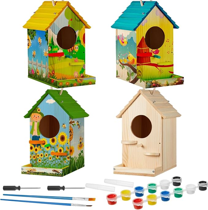 Liliful 4 Pack Wooden Birdhouse Kit for Kids and Adults, DIY Painting Set & Real Outdoor Birdhouse, Durable Craft for Garden, Classroom, Birthday Gifts Ages 3-5 4-8 8-12