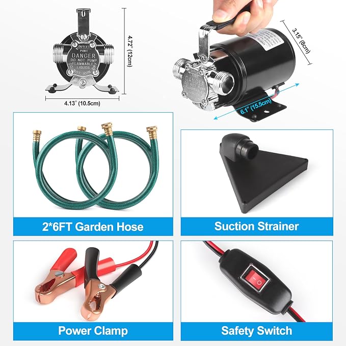 Water Transfer Pump, 12V 1/10HP Electric Utility Pump with On/Off Switch 2 * 6 ft Water Hoses Kit for Removing Water from Garden Pools Aquariums Hot Tub Draining 1/8’’ Low Suction for Rain Barrel