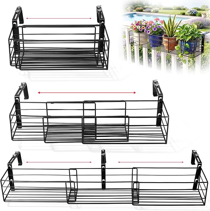 Youyole Railing Hanging Planter Holders, Adjustable Balcony Flower Pot Rack Stand, Expands 14"-36" Iron Hanger Hooks Fit Almost Any Balcony, Fence or Deck Railing up to 8" Wide(Black)