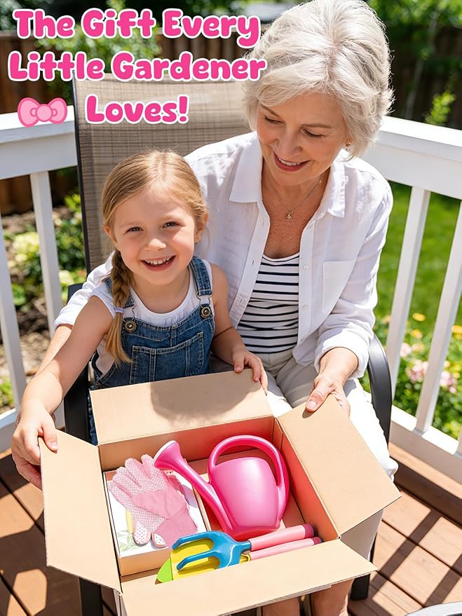 Biubee Pink Gardening Tools Set for Girls - Sturdy Kids Watering Can Toy Set with Metal Shovel Hand Rake Kids Gloves, Toddler Gardening Kit Garden Toys for Outdoor Beach Sand Toy Gift