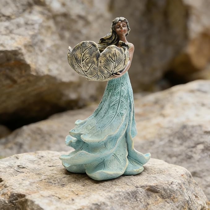 Resin Fairy Statue Bird Feeder 9.4 Inch Tall for Garden Decor, Doubles as a Decorative Birdbath or Water Feature, Ideal for Fairy Gardens, Cottagecore Themes & Porch Decor