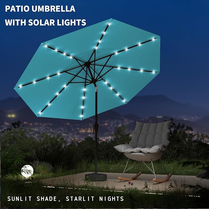 9FT Patio Umbrella with Solar Lights,Outdoor Market Umbrella with Tilt and Crank, LED Lighted Table Umbrella for Garden,Deck,Backyard,Pool,Beach