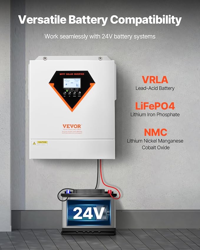 VEVOR Hybrid Solar Inverter, 3500W, Single Phase Pure Sine Wave Power Inverter, 24V DC to 220/230V AC, with Built-in 100A MPPT Solar Charge Controller, for Off-Grid System Lead Acid Lithium Battery