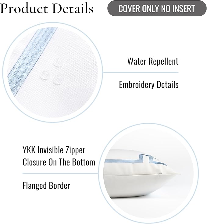 Hofdeco Premium Coastal Patio Indoor Outdoor Lumbar Pillow Cover Only, 12"x20" Water Repellent for Backyard, Couch, Baby Blue Embroidered Frame Greek Key (Pack of 2)