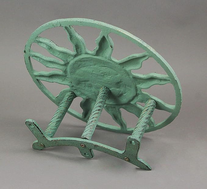 Verdigris Green Finish Cast Iron Sun Face Decorative Wall Mounted Garden Hose Hanger - 12 Inches in Diameter - Simple Installation -75 Foot Capacity Hose Holder
