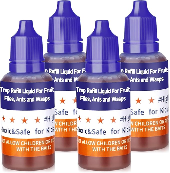 Fruit Fly Trap Refill Liquid, Effective Gnat Killer&Fruit Fly Catcher Bait Refill, Long-Lasting Fruit Scented Ants Attractant for Kitchen Bathroom Living Room Use, Safe Near Food (4 Pack)