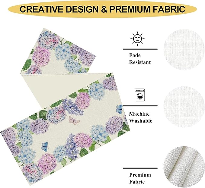 Blue Hydrangea Table Runner, Rustic Country Watercolor Floral Spring Summer Seasonal Flower Butterfly Farmhouse Table Center Decor for Family Kitchen and Dining Party Table Decorations, 13"x72"