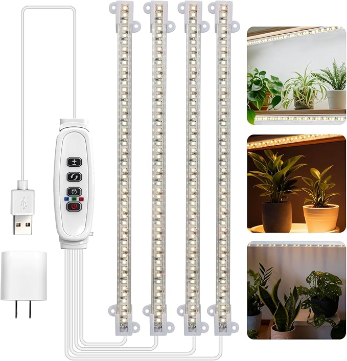 LED Plant Growing lamp,3000K/6000K Full Spectrum Grow Light Strips for Indoor Plants with 3/9/12H Timer & 10 Dimmable Levels,Led Plant Lights for Green House Hydroponics Succulent (4 Bars)