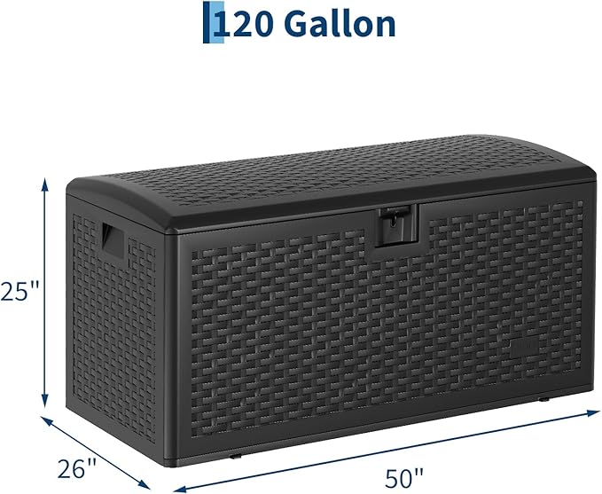 120 Gallon Waterproof Large Resin Deck Box Indoor Outdoor, Lockable Storage Container for Patio Furniture Cushions, Throw Pillows, Garden Tools, and Pool Floats, Black