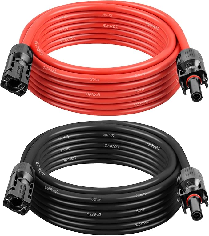 Solar Panel Extension Cable - 10AWG 15FT Solar Wire with Female & Male Waterproof Connector PV Wire for RV, Photovoltaic Systems, Home, Boat, Solar Panels, Car(15 feet Red + 15 feet Black)