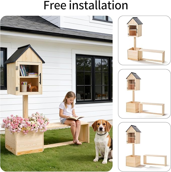 Wooden Little Library Box Outdoor with Bench & Planter Community Book Exchange Box Solid Pine Wood DIY Neighborhood Share Box Ground Mount Kit for Garden Decor, School