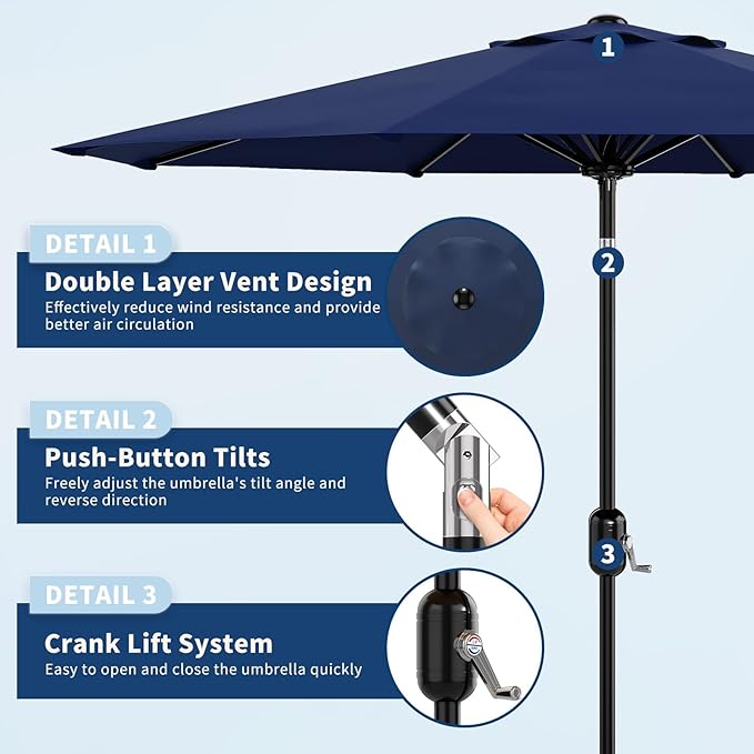 Garvee 9 ft Patio Umbrella - 8 Sturdy Ribs Outdoor Table Umbrella with Crank Lift & Push Button Tilt - Market Umbrella for Pool, Deck, Yard, Garden - Navy Blue