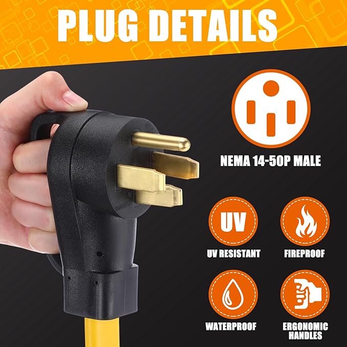 Tellegloww 25 FT Flat RV Generator Adapter Cord NEMA 14-50P to 4 X 5-20R/5-15R, 50A to 110V 15/20 A Household Outlet Adapter, 4 Prong 10 Gauge RV Generator Extension Cord, ETL Listed, Yellow