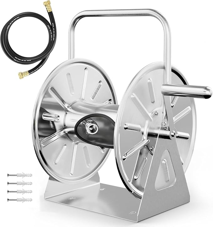 Stainless Steel Garden Hose Reel, Wall Mount or Floor Mounted with 3/4 Inch Brass Fittings Lead hose, 165 Ft Capacity with portable hose reels & Crank Handle