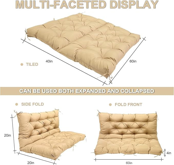 Porch Replacement Swing Cushions for Outdoor: 2-3 Seater Garden Waterproof Patio Bench Cushion with Ties - 4" Thick Swing Chair Cushion for Backyard Furniture Loveseat
