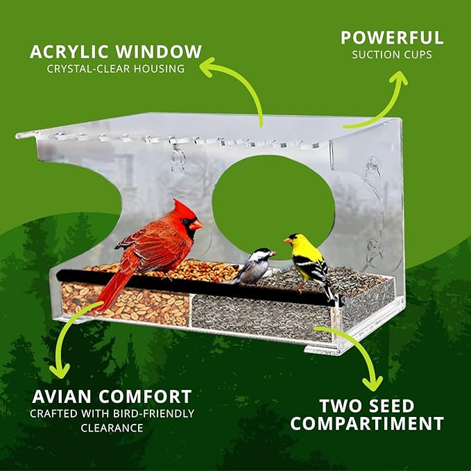 Nature Gear Acrylic Clear Window Bird Feeder with Strong Suction Cups, Removable Sliding Seed Tray, Weather-Resistant & Easy to Clean for Window Viewing, Extended