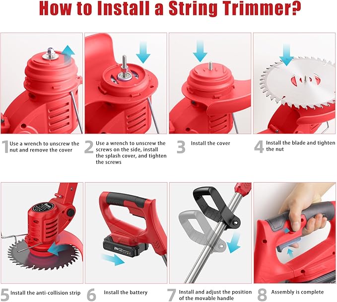 21V Weed Wacker Cordless String Trimmer with 2 Batteries 2.0Ah, 2 Types Metal Blades Powered Grass Trimmer, Pruning Shears, Adjustable Pole Weed Trimmer for Garden and Yard Lawn, Red